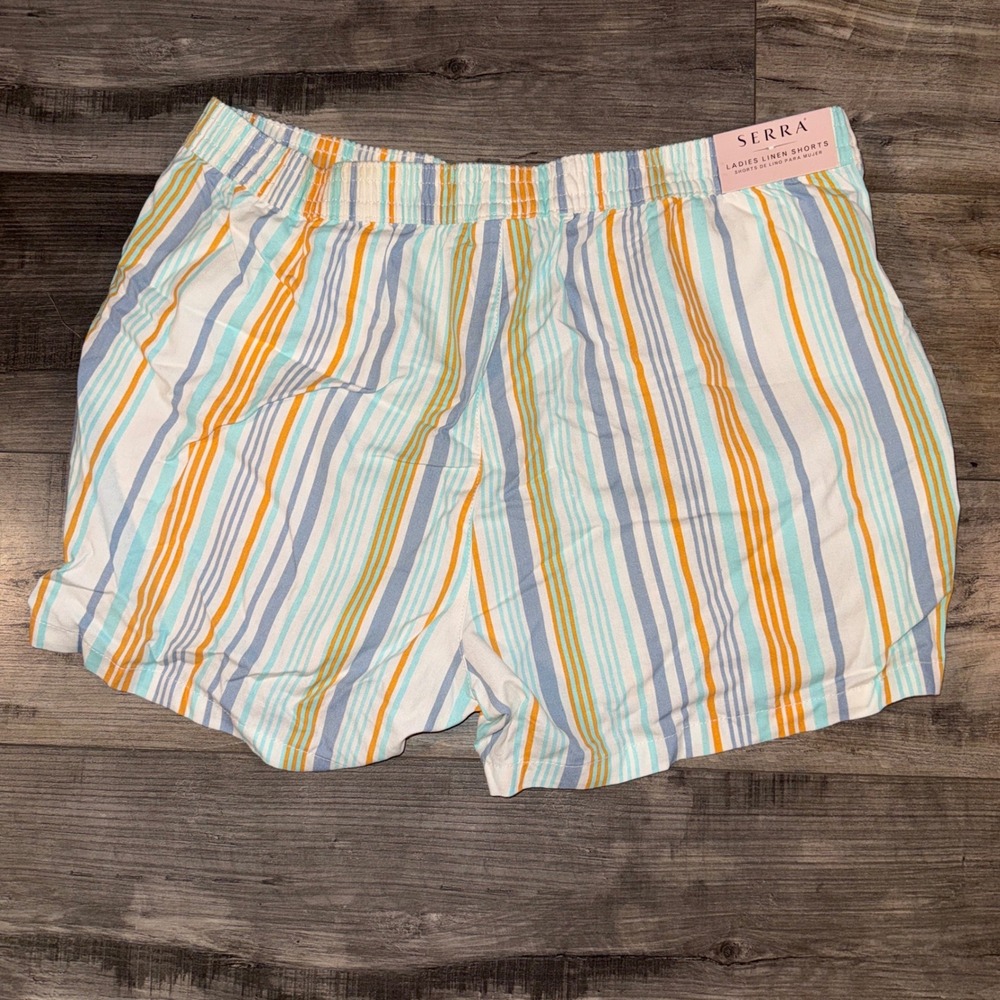 Serra Womens XL 16/18 Linen Blend Striped Shorts Blue Orange Coastal Beach - Picture 3 of 6